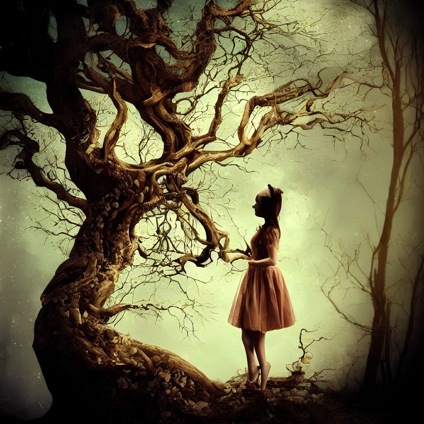 Person in dress under eerie tree in mystical forest with golden haze