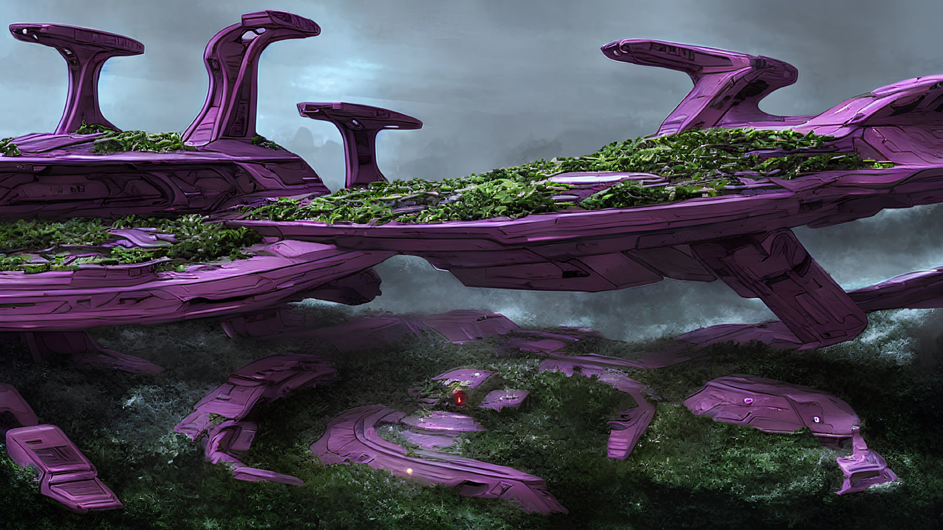 Fantastical landscape with purple mushroom structures under stormy sky