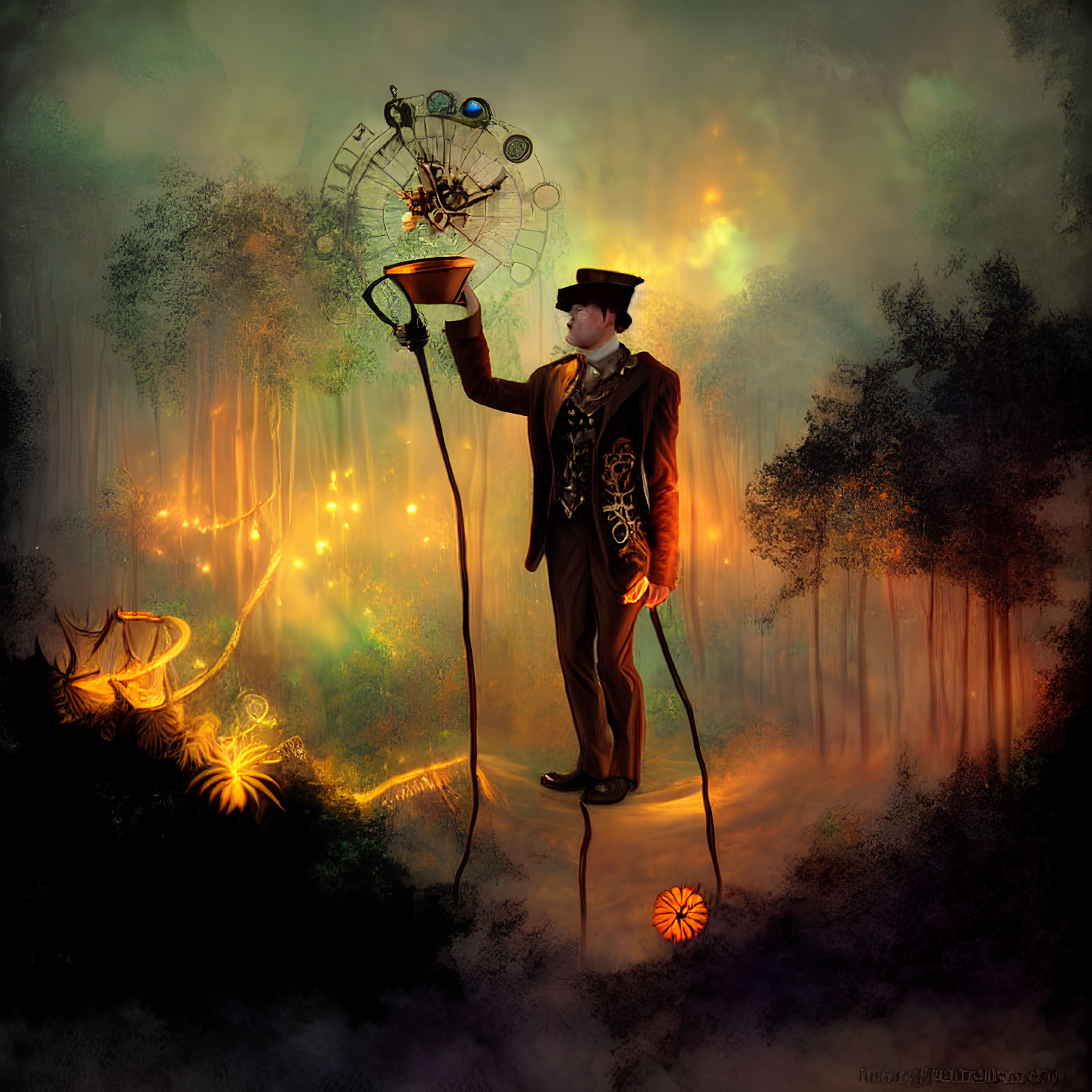 Whimsical character with celestial streetlamp in mystical forest