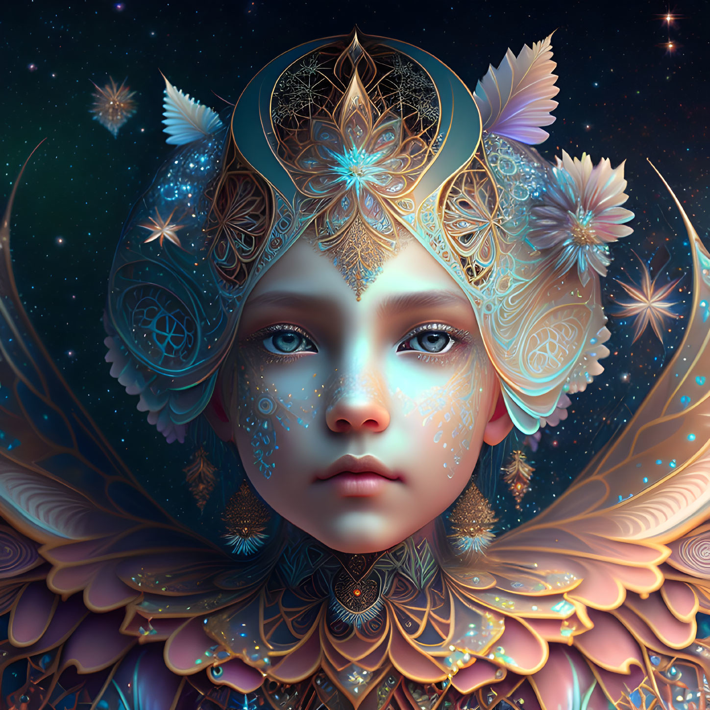 Digitally rendered serene female face with ornate headgear and celestial tattoos