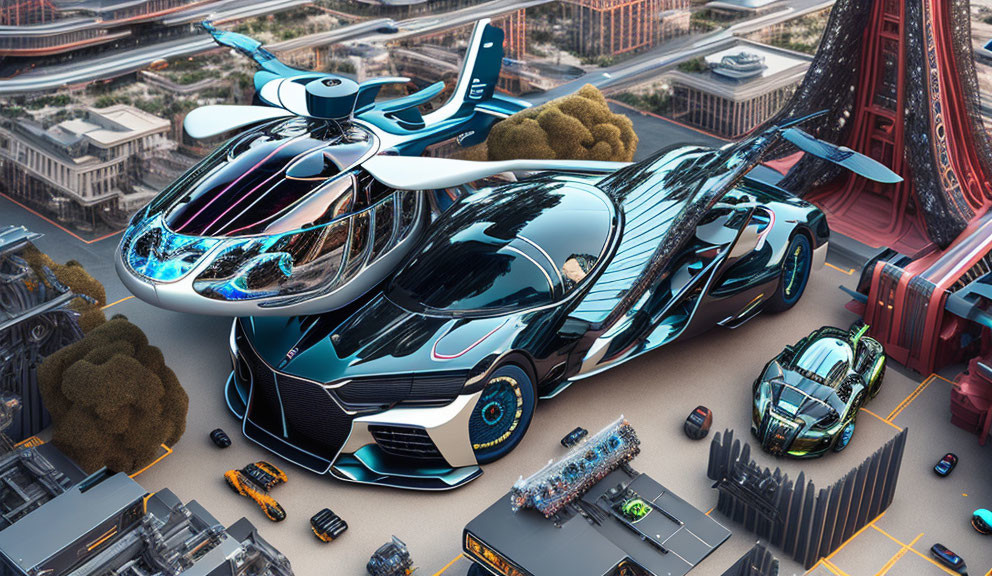 Futuristic flying car and sports car on city road with advanced architecture.