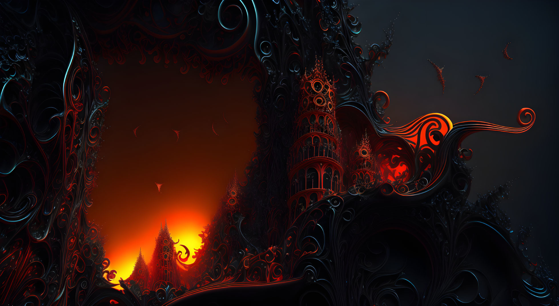 Intricate Dark Fractal Landscape in Fiery Orange Palette