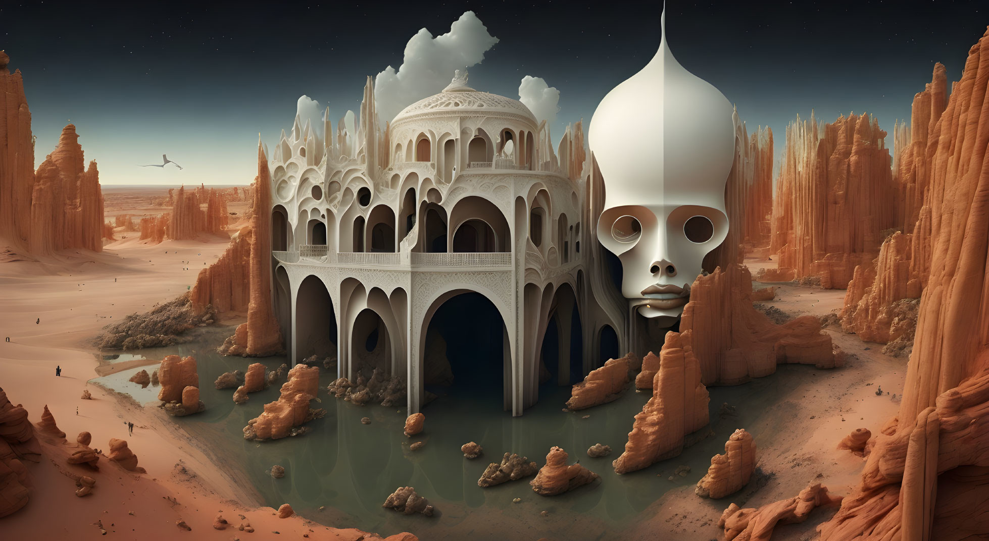 Surreal desert landscape with skull-like building and rock formations