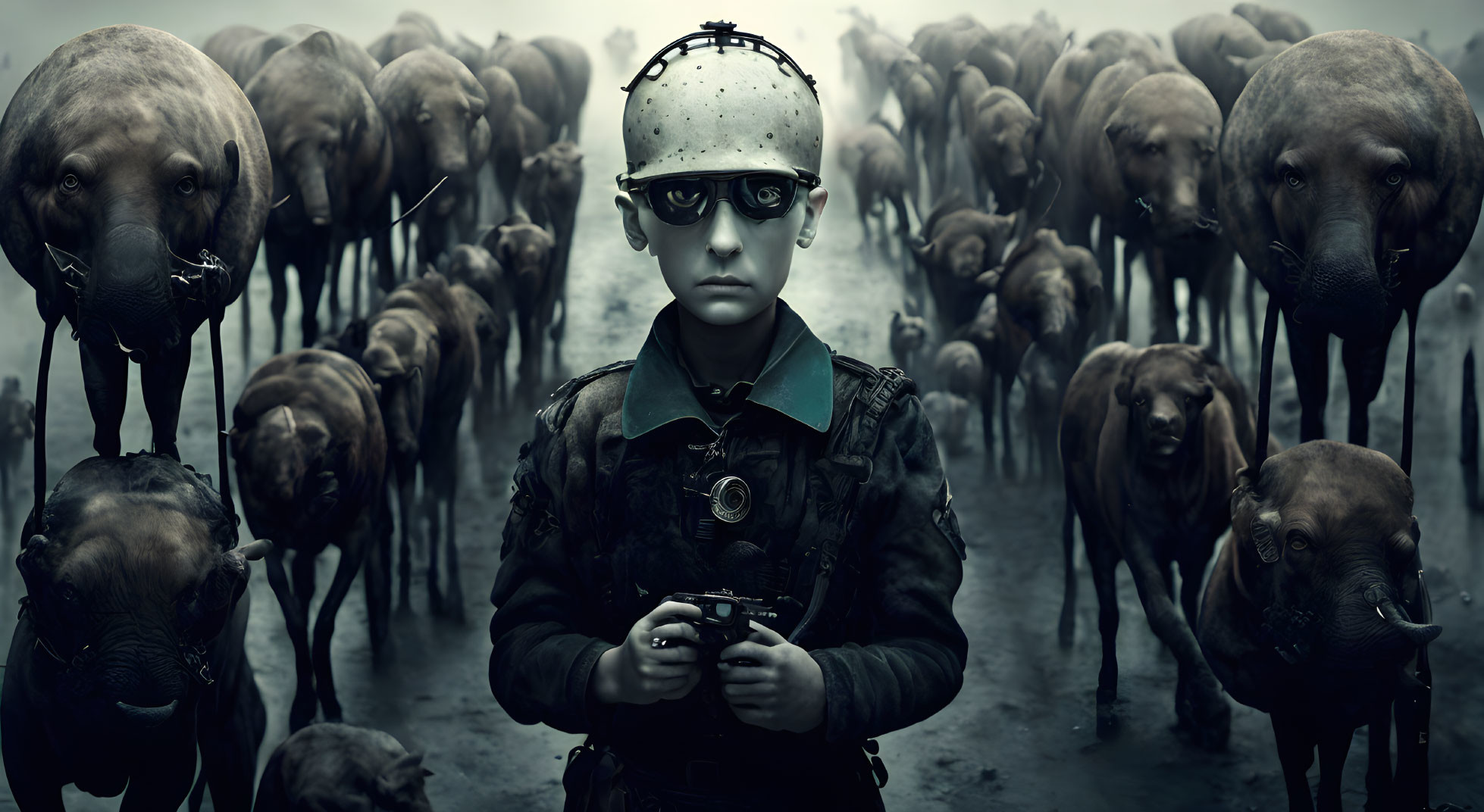 Boy with camera surrounded by large brown dogs in foggy setting