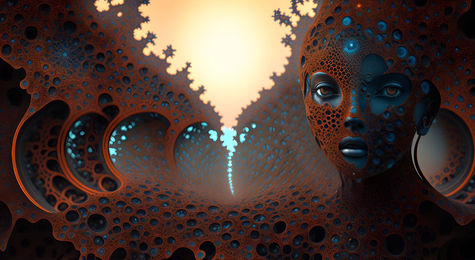 Fractal landscape with humanoid face in radiant light