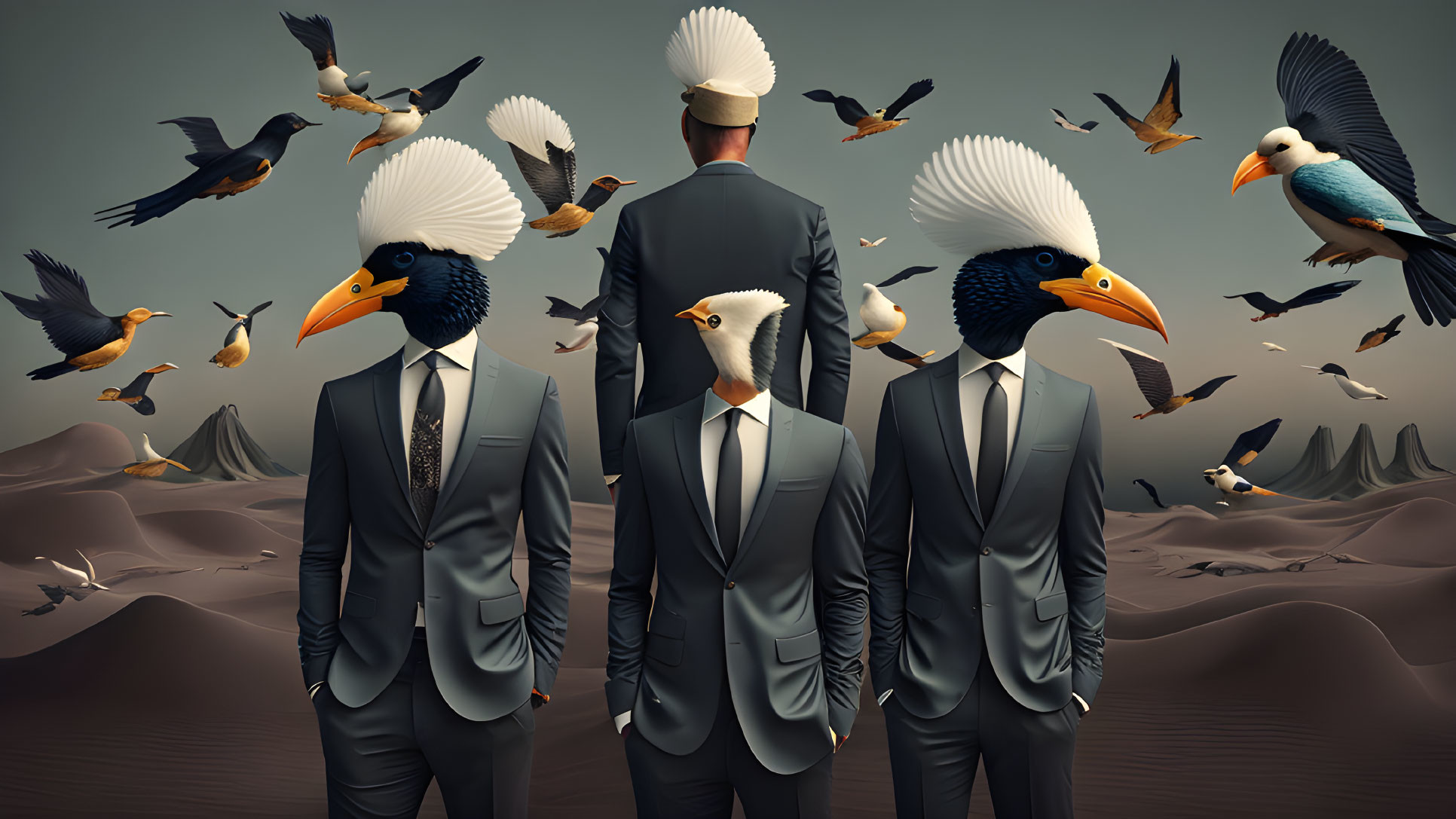 Three bird-headed men in suits in desert with flying birds