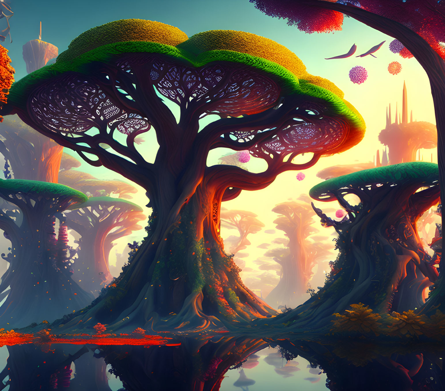 Colorful Fantasy Forest with Oversized Mystical Trees and Lush Foliage