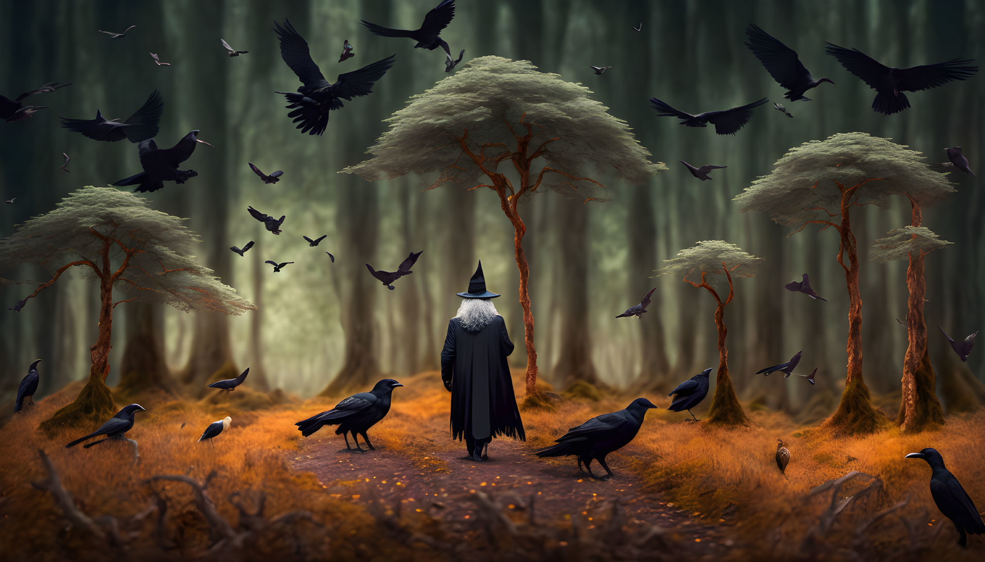 Cloaked figure in mystical forest with crows and unique trees