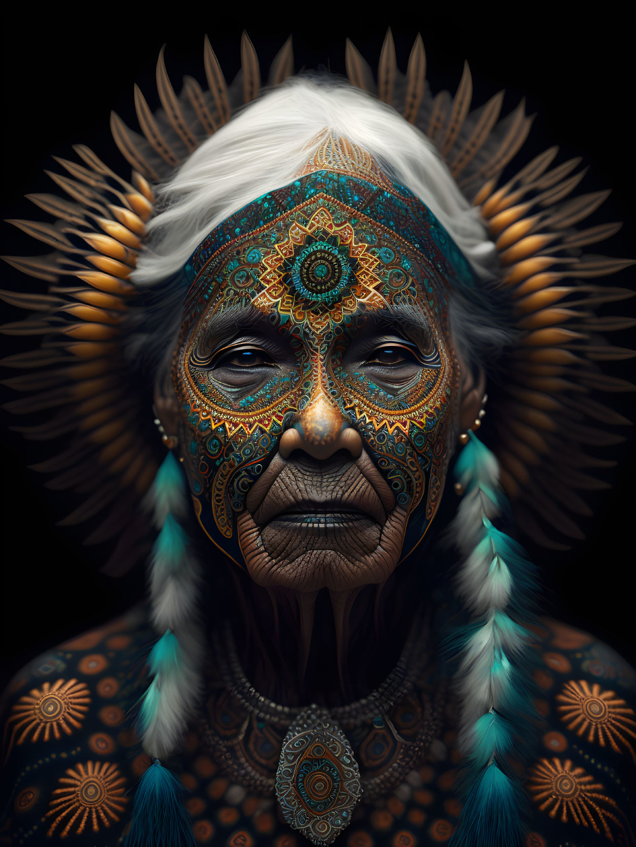 Elderly person with intricate face paint and feathered headdress symbolizing tradition and wisdom