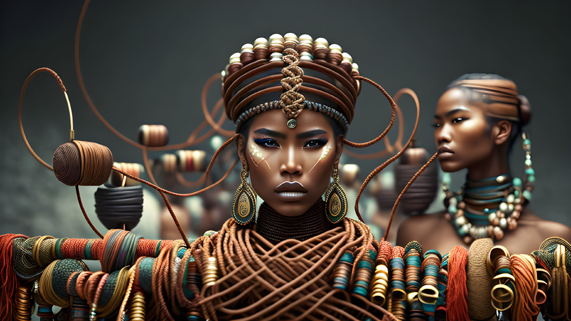 Stylized figures with tribal jewelry and beaded headdress