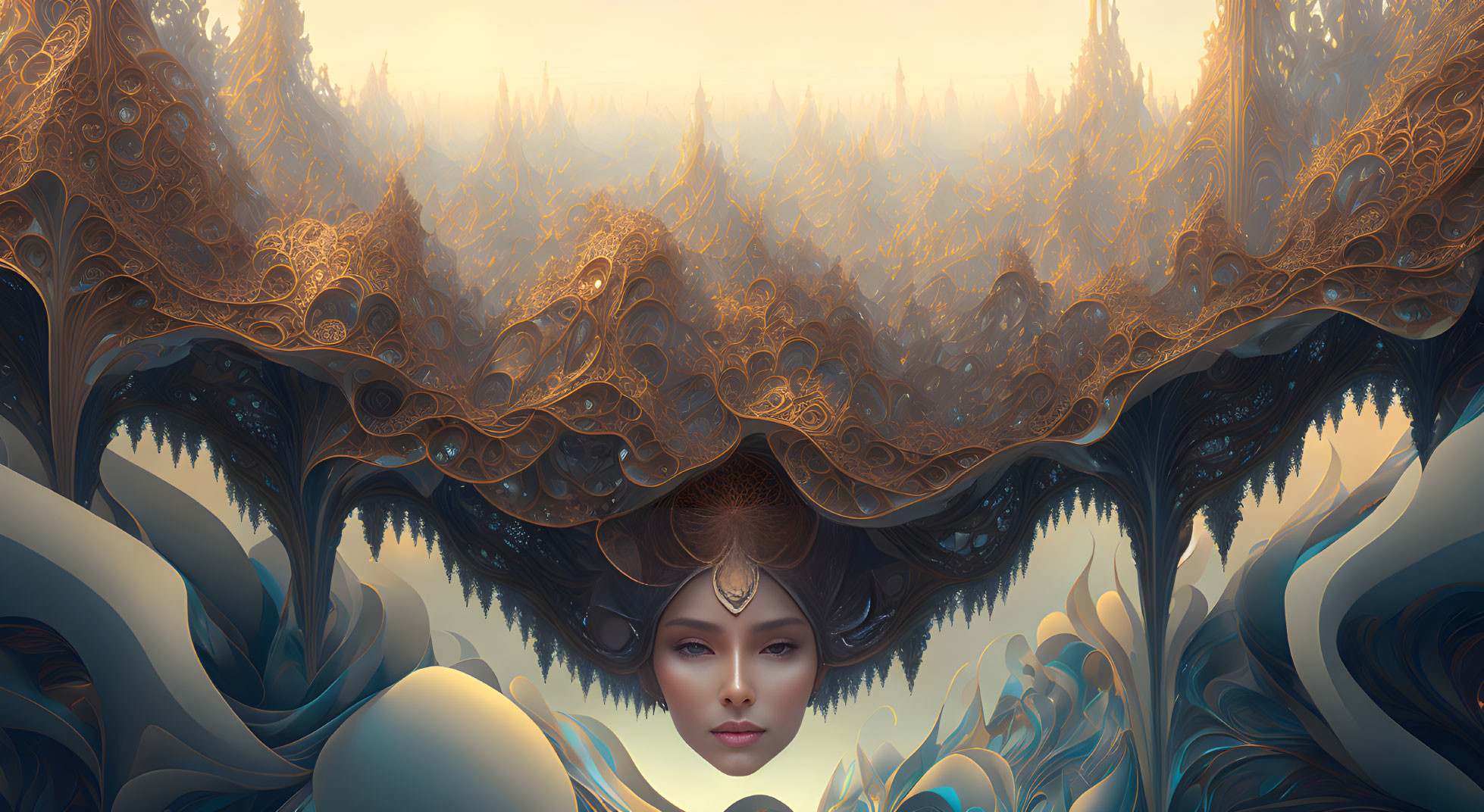 Surreal portrait of serene woman merging with golden fractal canopy