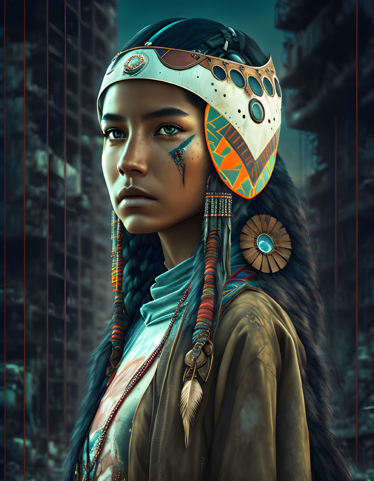 Digital portrait of woman with tribal face paint, headband, circle earrings, teal backdrop