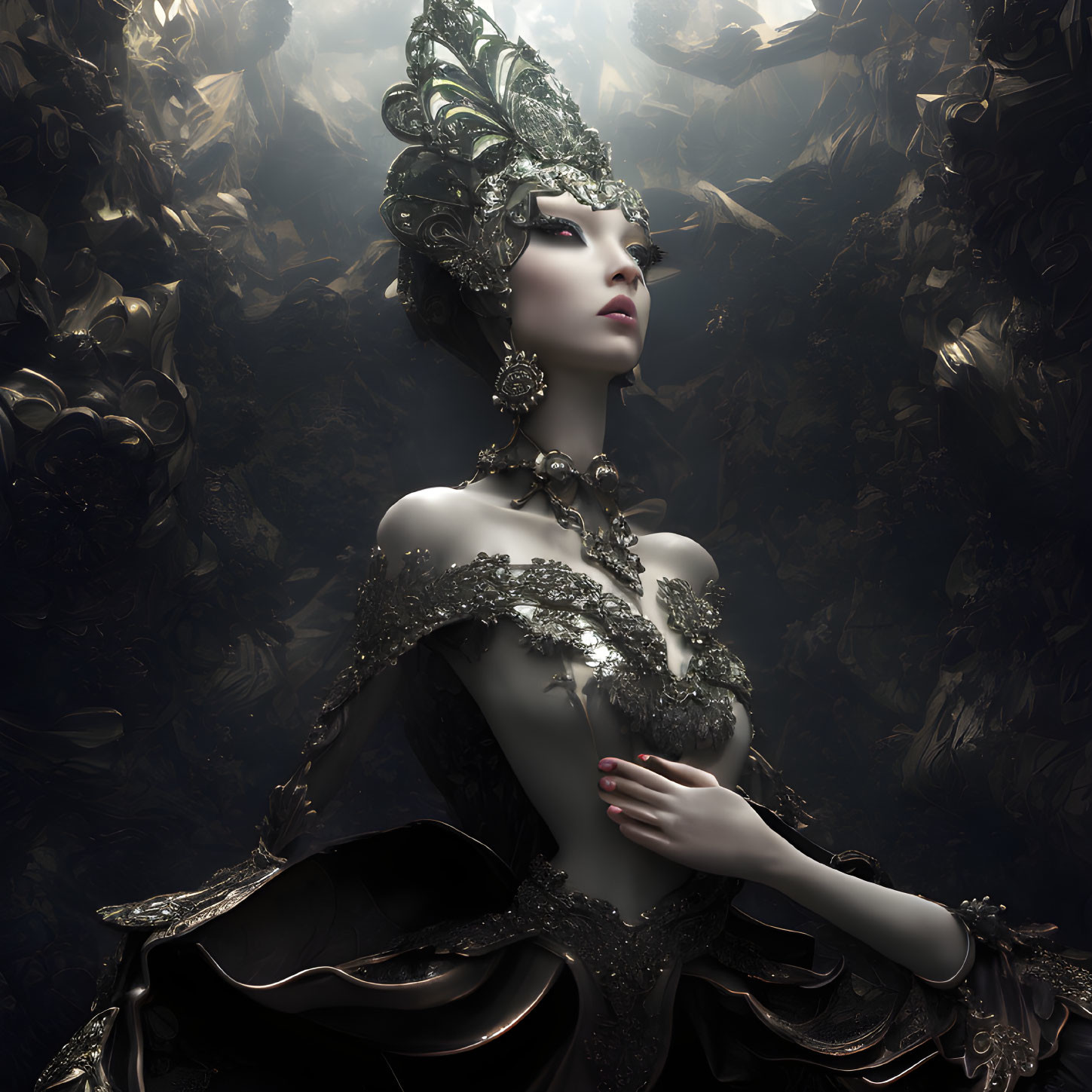 Ethereal woman in black and silver attire with feathered headdress in mystical golden setting