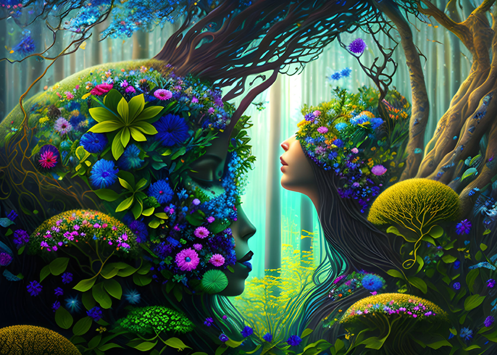 Illustration of two merged women's faces with vibrant forest backdrop