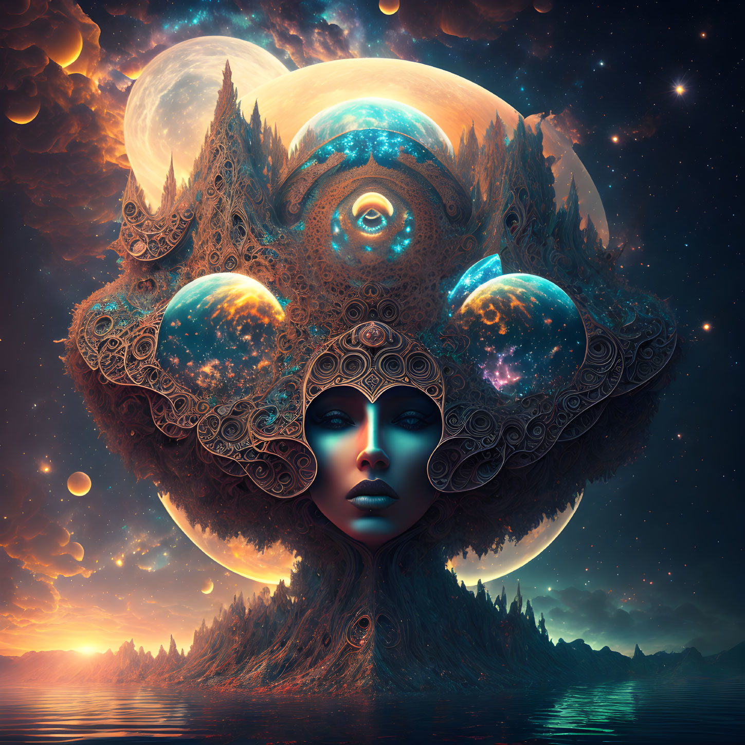 Surreal cosmic landscape featuring woman's face, galaxies, moons, starry sky.