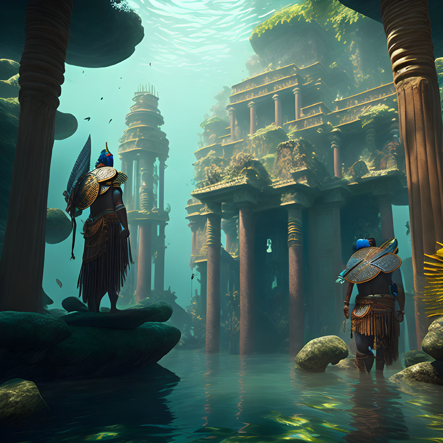 Ancient warriors in armor among sunlit submerged ruins