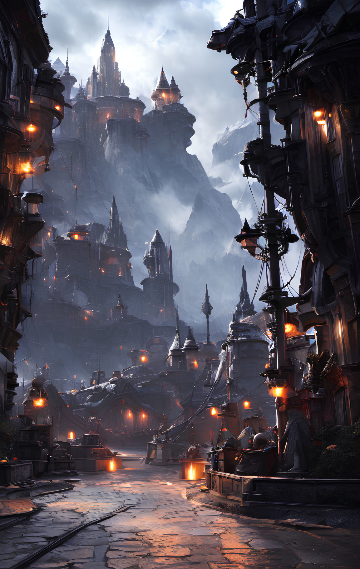 Medieval cityscape with towering spires and lantern-lit streets