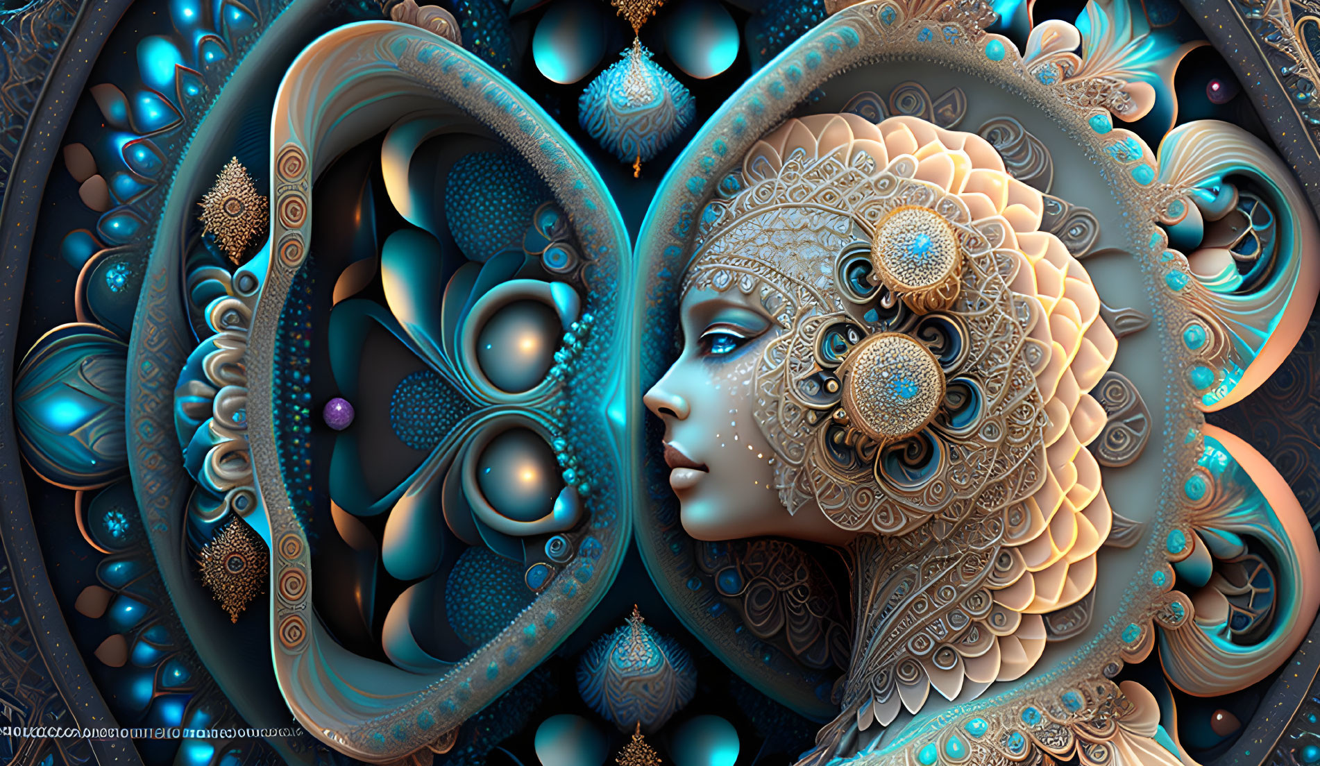 Symmetrical digital artwork with female figure and ornate turquoise-gold patterns