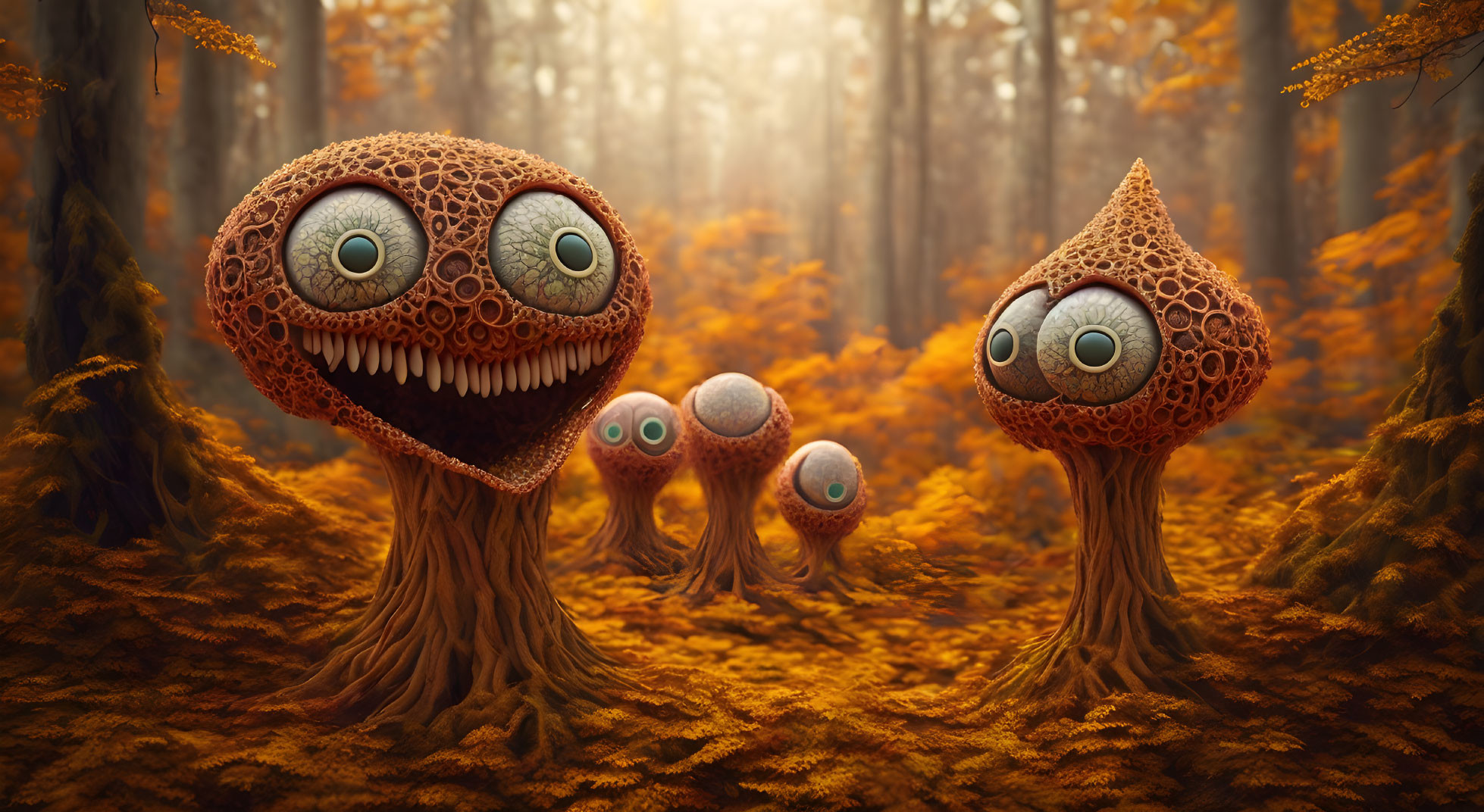 Whimsical creatures with large eyes in golden forest