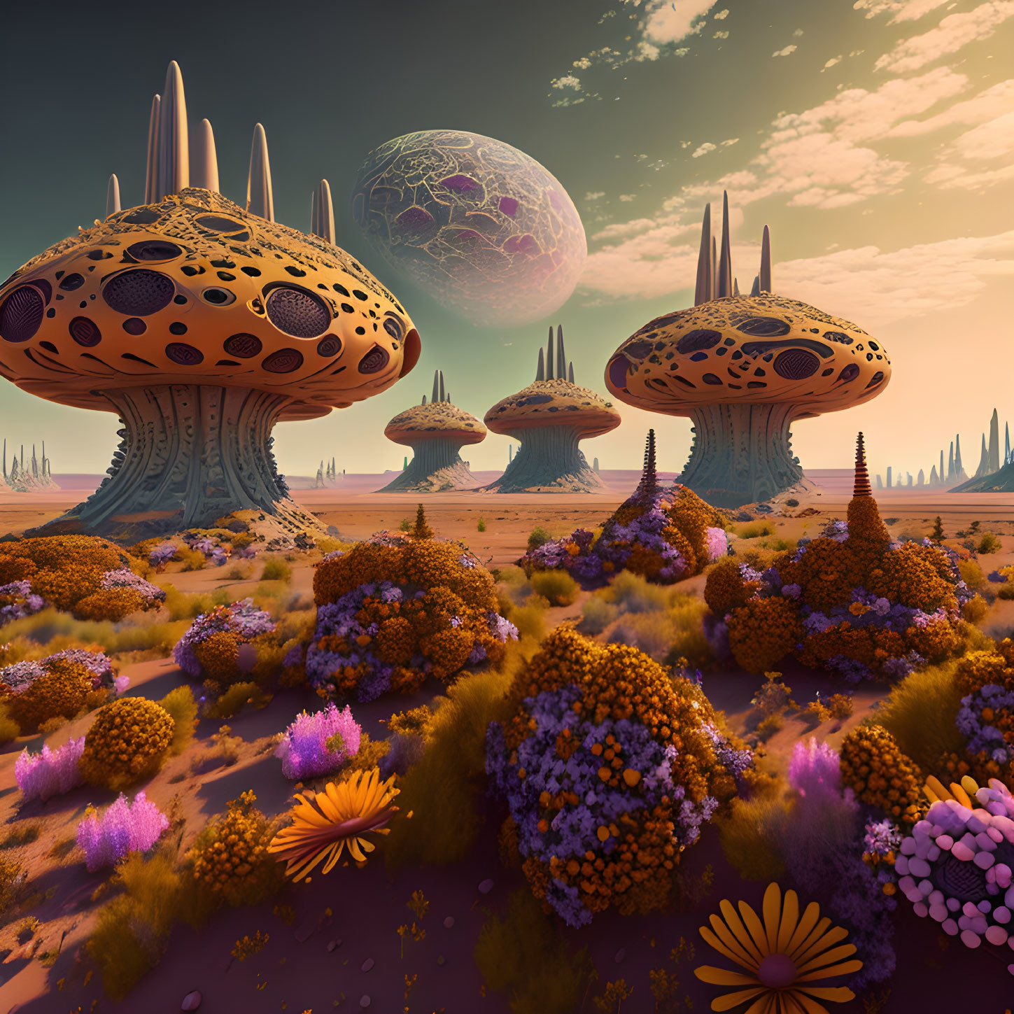 Extraterrestrial desert scene with mushroom-like structures and giant planet.