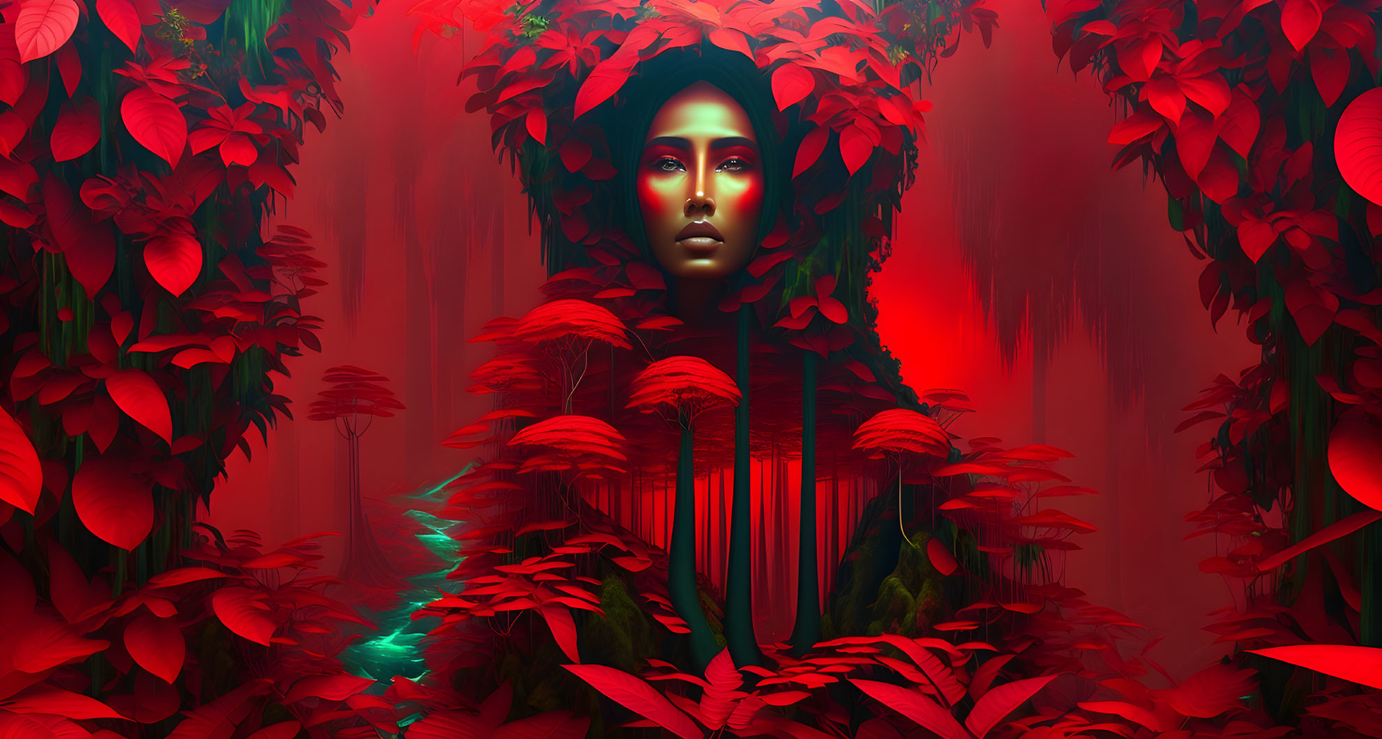 Woman in Red Foliage Surrounded by Glowing Elements