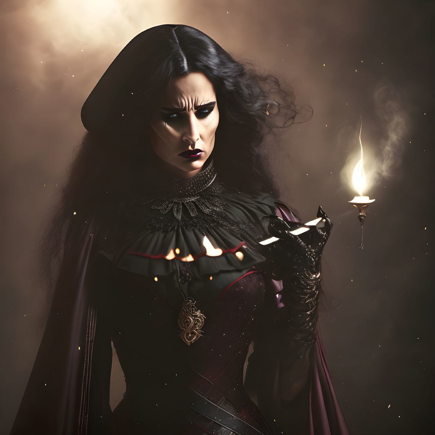 Victorian-inspired woman with candle in moody setting