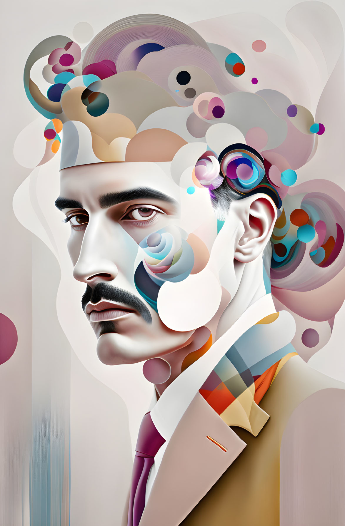 Abstract digital portrait blending man's face with colorful shapes and swirls