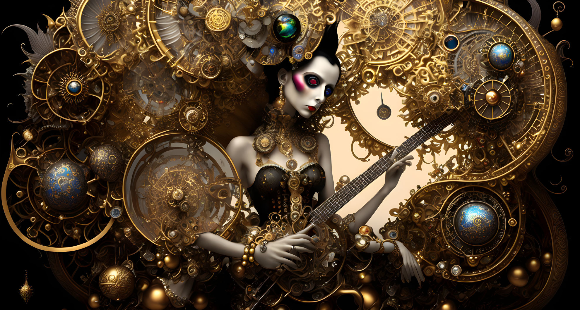 Steampunk-inspired woman with clockwork elements and mechanical aesthetic