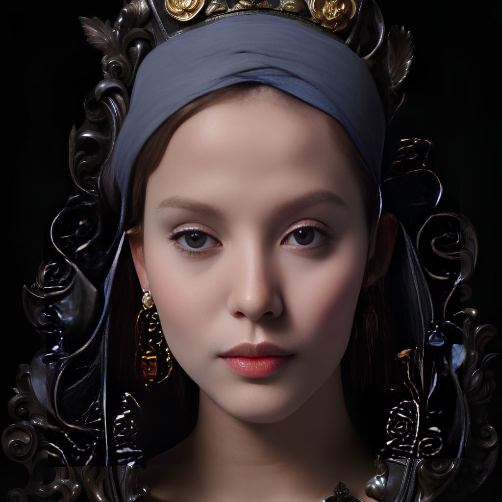 Serene woman portrait with headscarf and ornate headdress