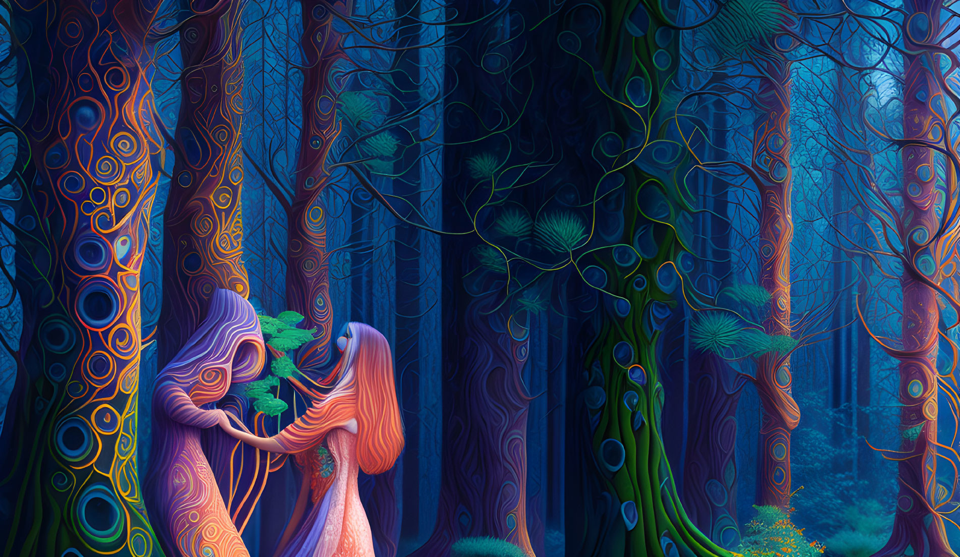 Colorful forest illustration with stylized trees and female figure.