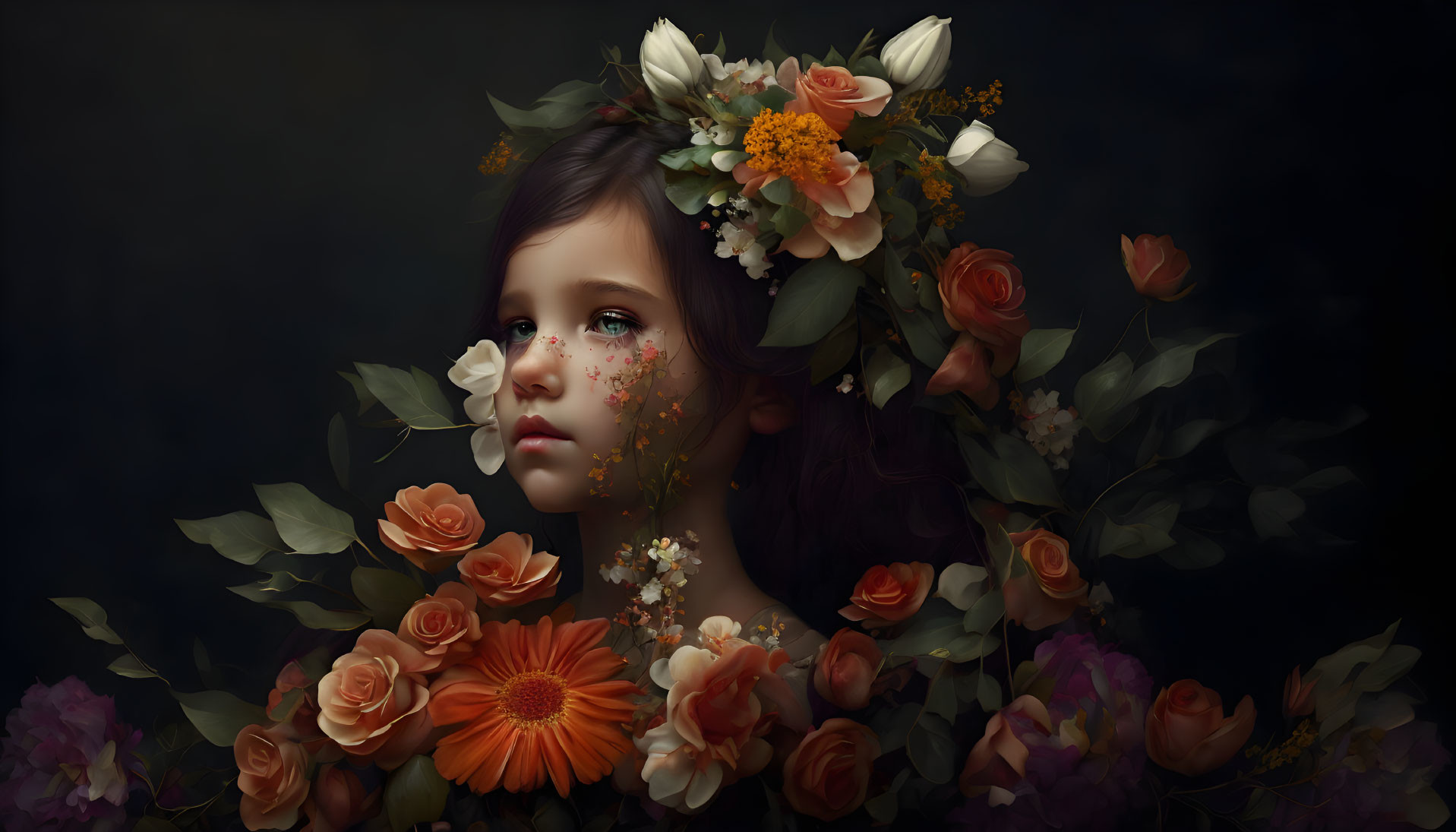 Contemplative young girl with floral crown on dark background