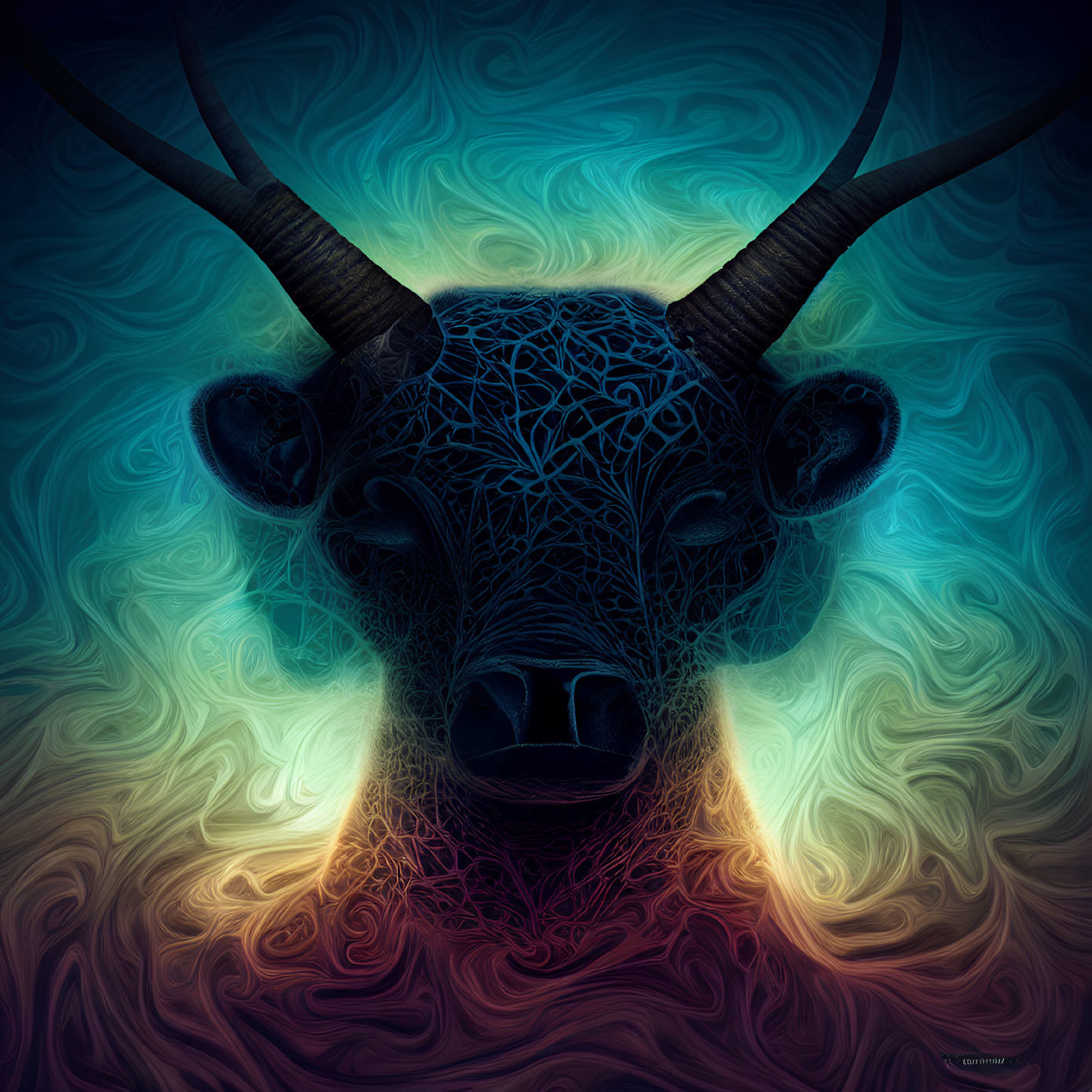 Colorful digital artwork of bull's head with fractal pattern on face in swirling background