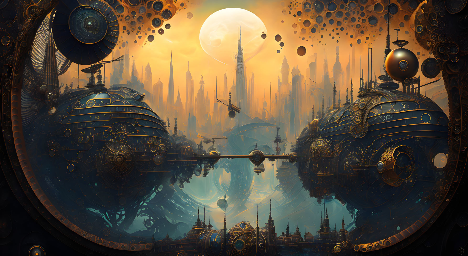 Futuristic steampunk cityscape with ornate structures and spherical buildings