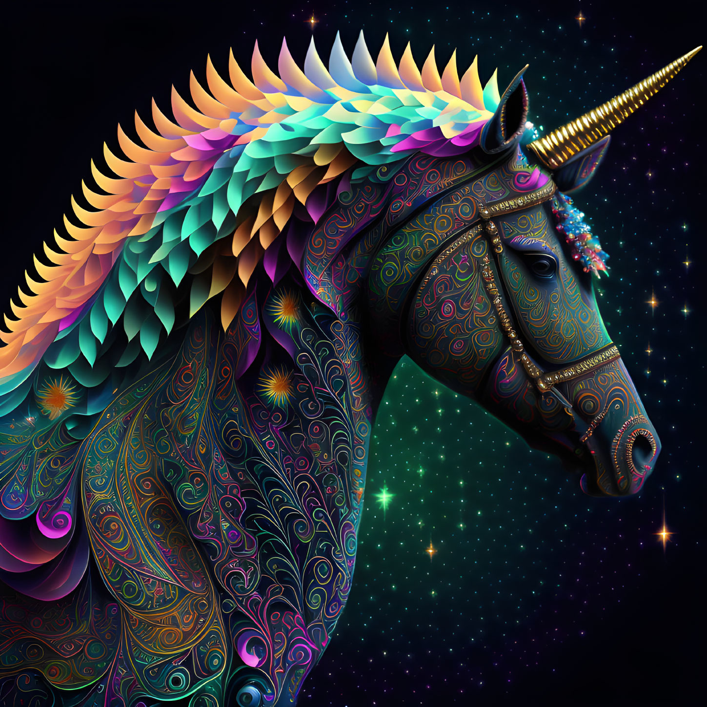 Vibrant digital artwork: Unicorn with colorful mane under starry sky