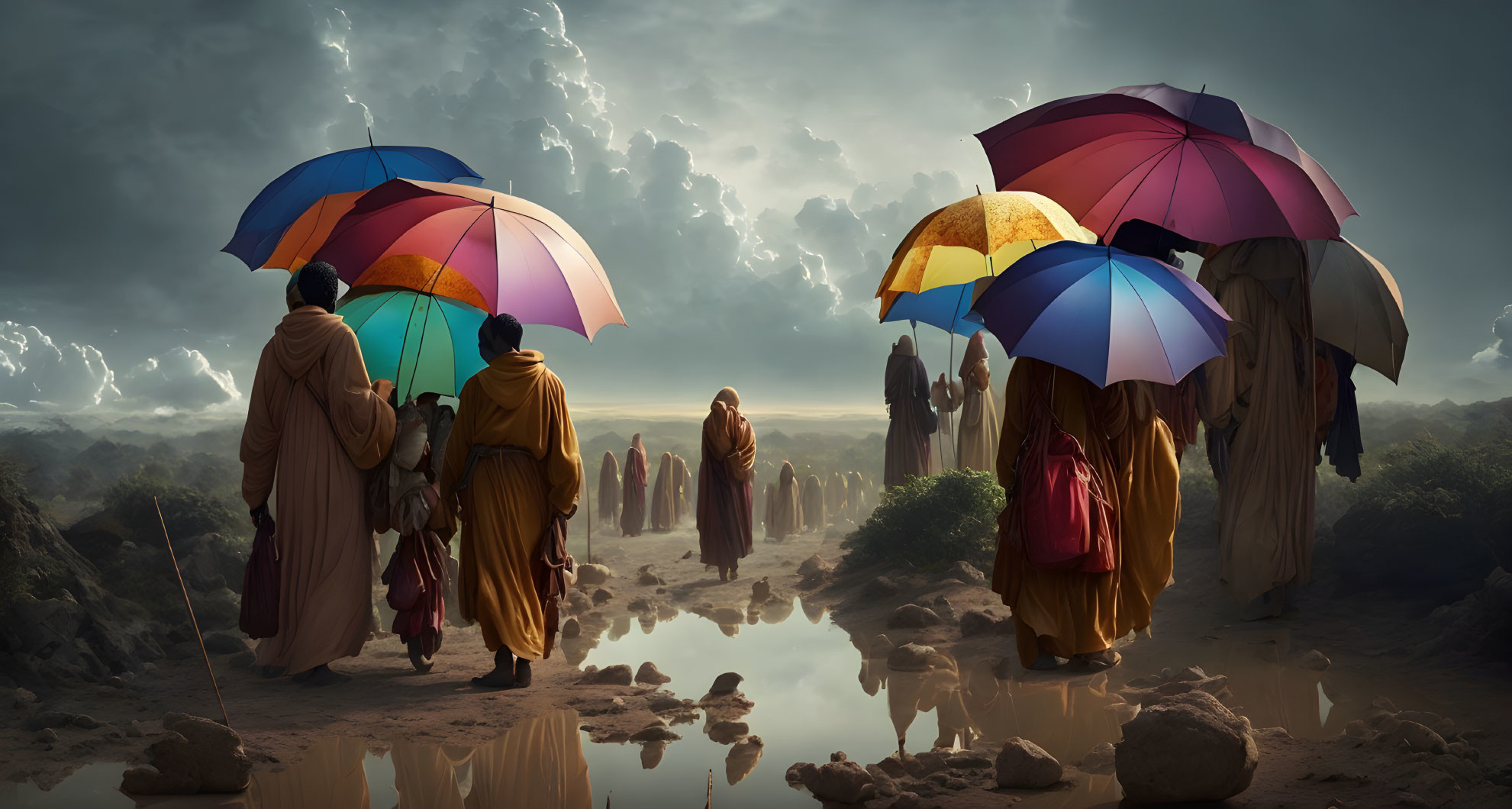 Colorful Umbrella Group Walking Through Mystical Landscape with Rocky Terrain