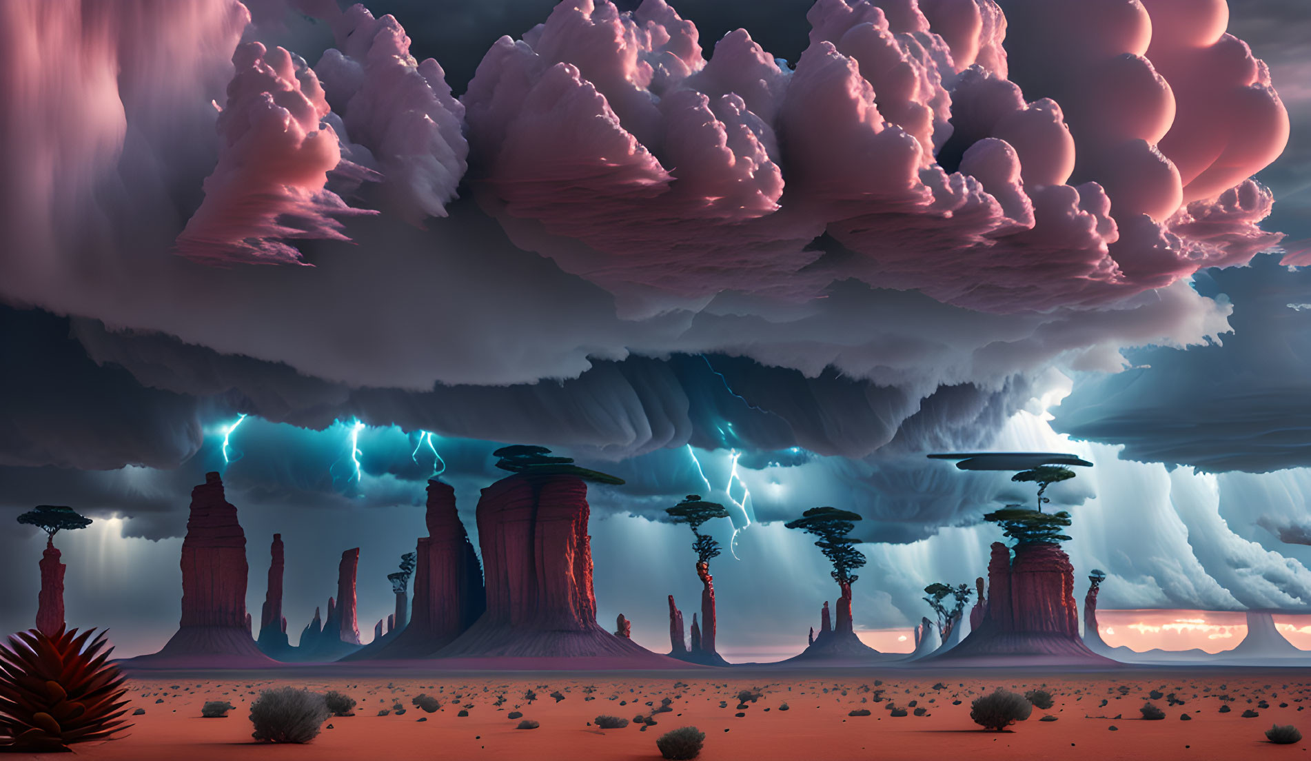 Alien landscape with towering rocks, pink clouds, lightning, and sunset.