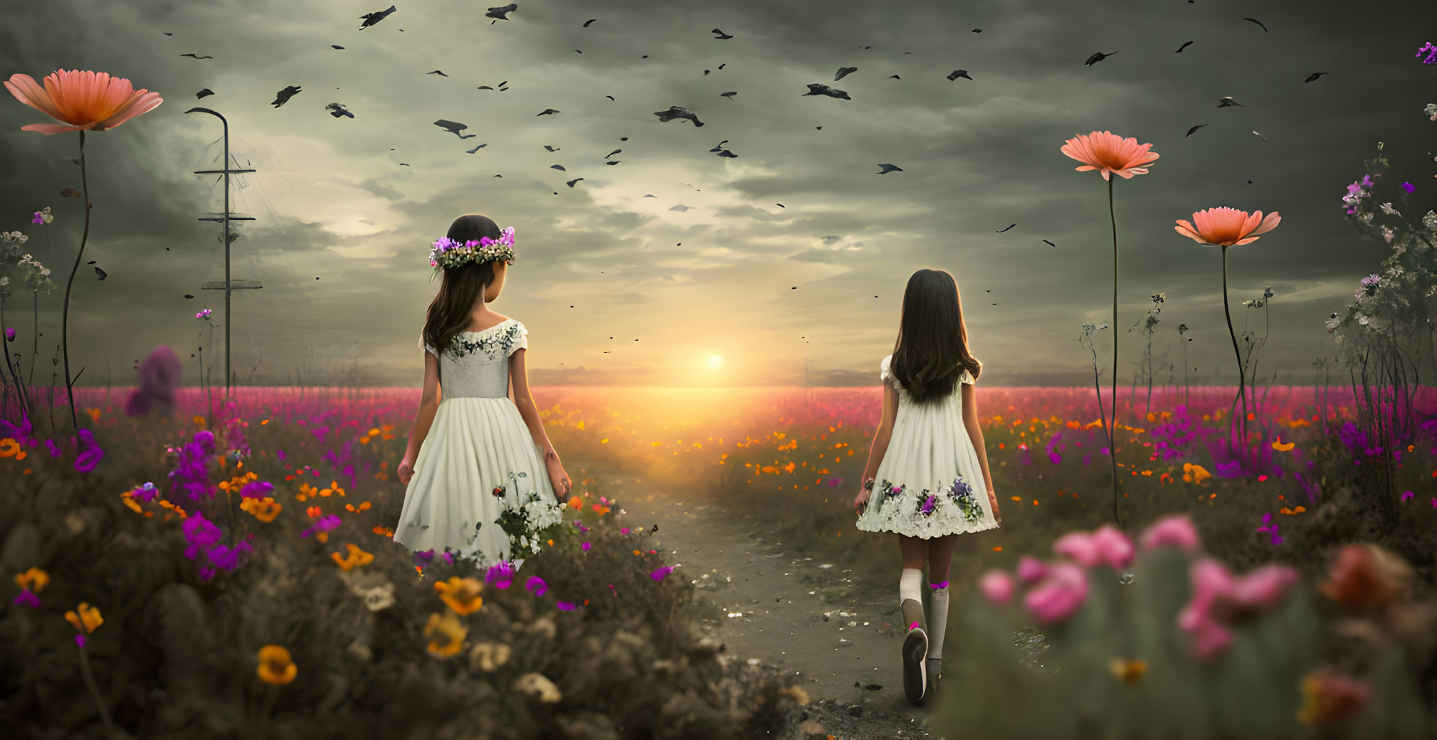 Two Girls in White Dresses Walking Through Colorful Flower Field at Sunset