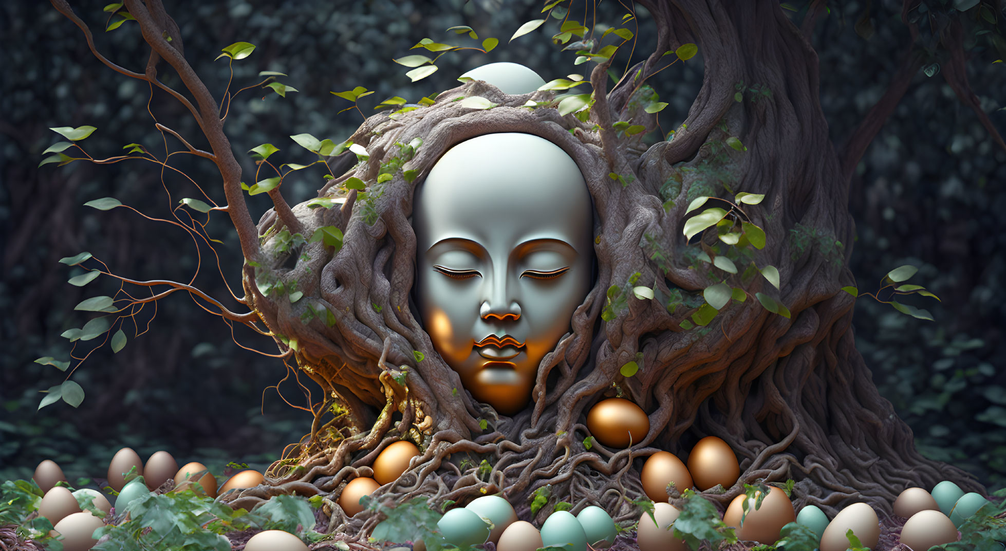 Face blended into tree trunk with eggs on ground in mystical forest