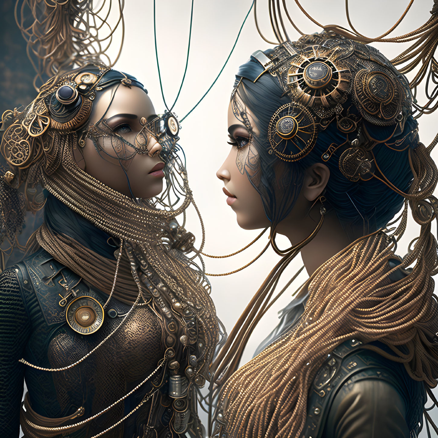 Steampunk-styled women in brass headgear and mechanical attire face off in misty setting