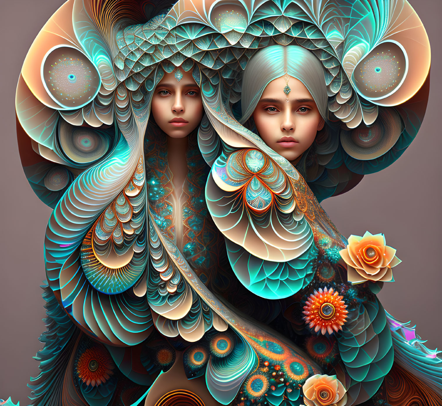 Digital artwork: Two women in peacock feather headdresses, blues, oranges, browns