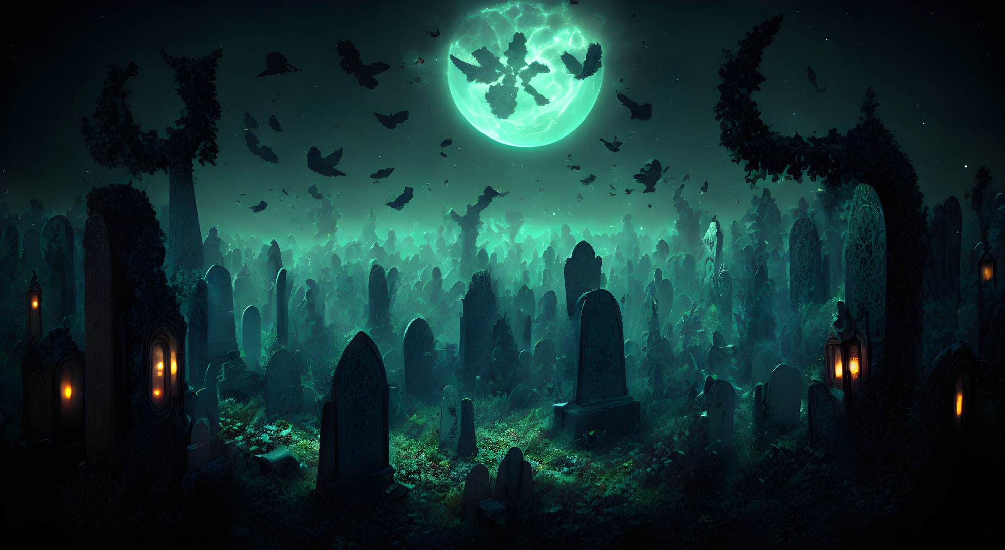 Moonlit Cemetery Scene with Silhouetted Tombstones and Flickering Lanterns