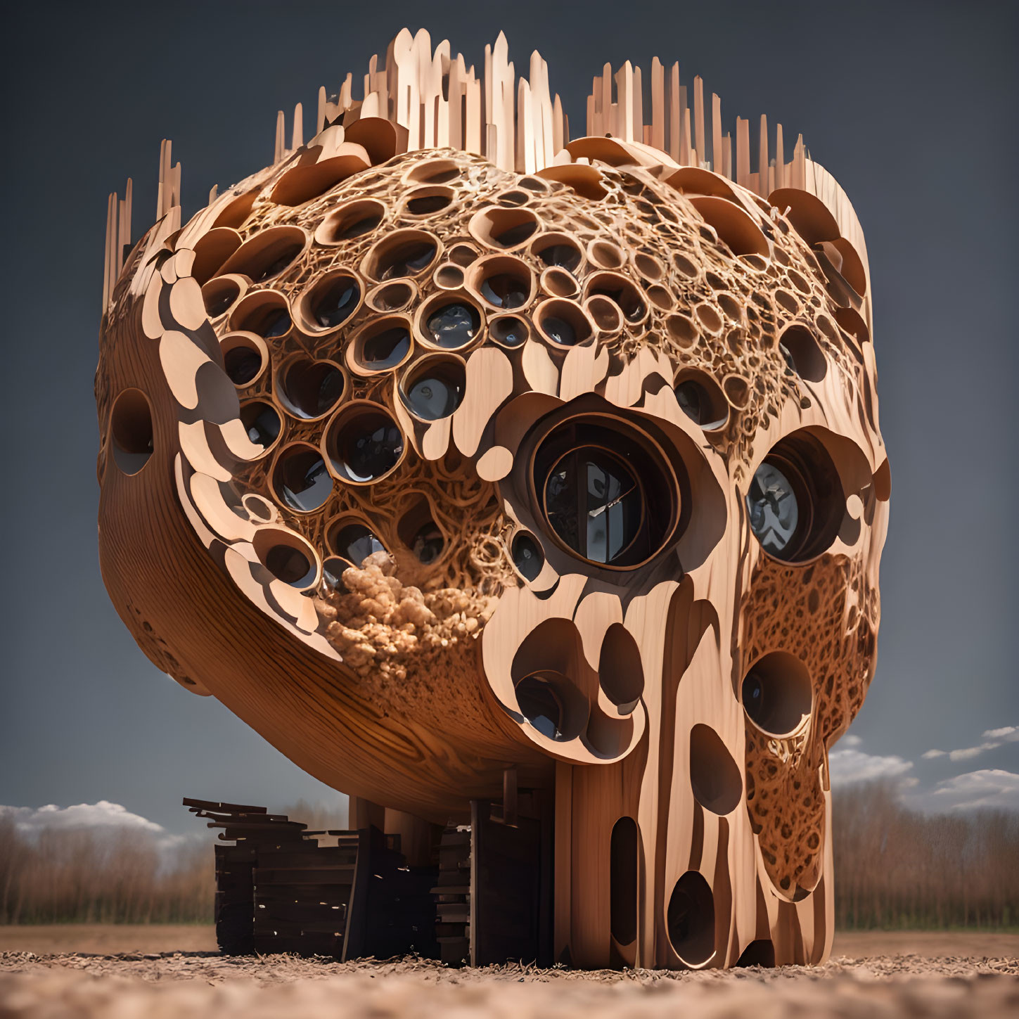 Organic-shaped wooden beehive structure against blue sky