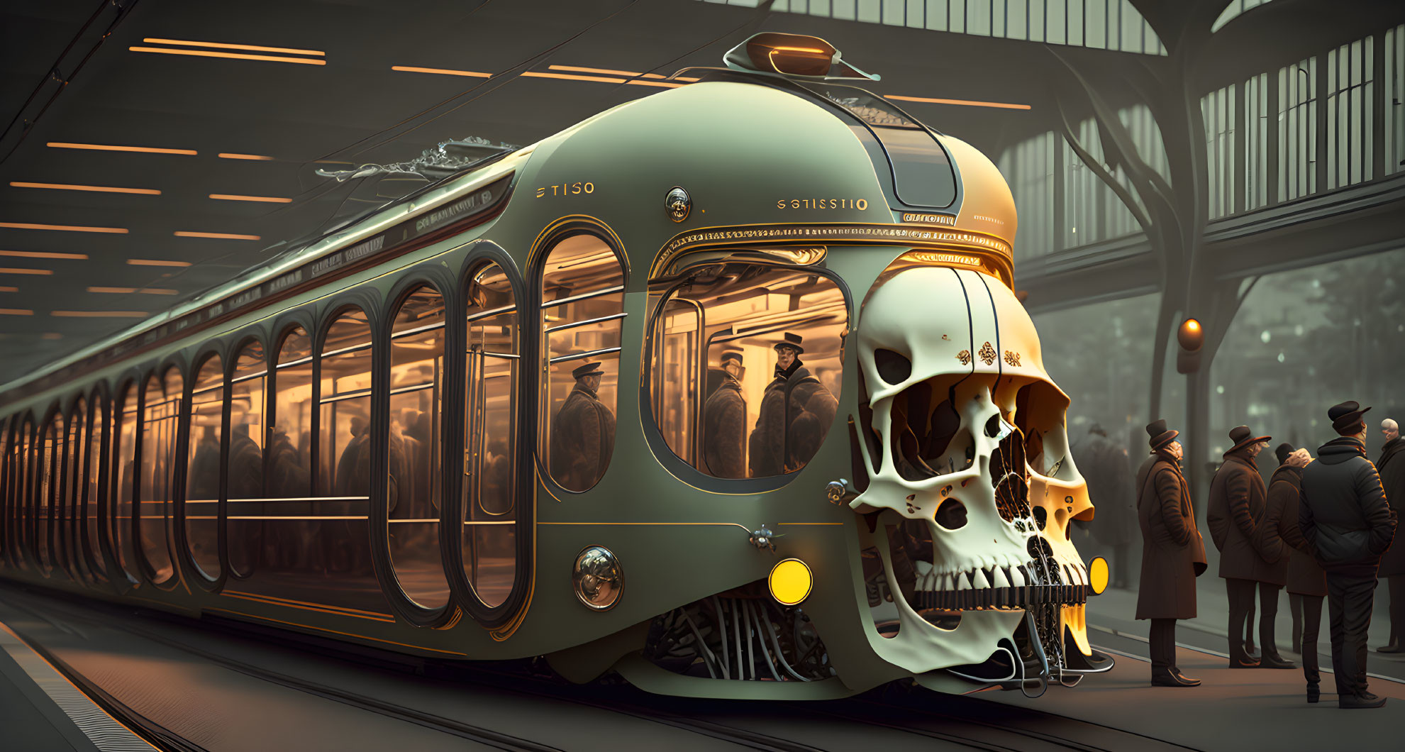 Retro-futuristic skull-themed train at station with vintage-clad passengers