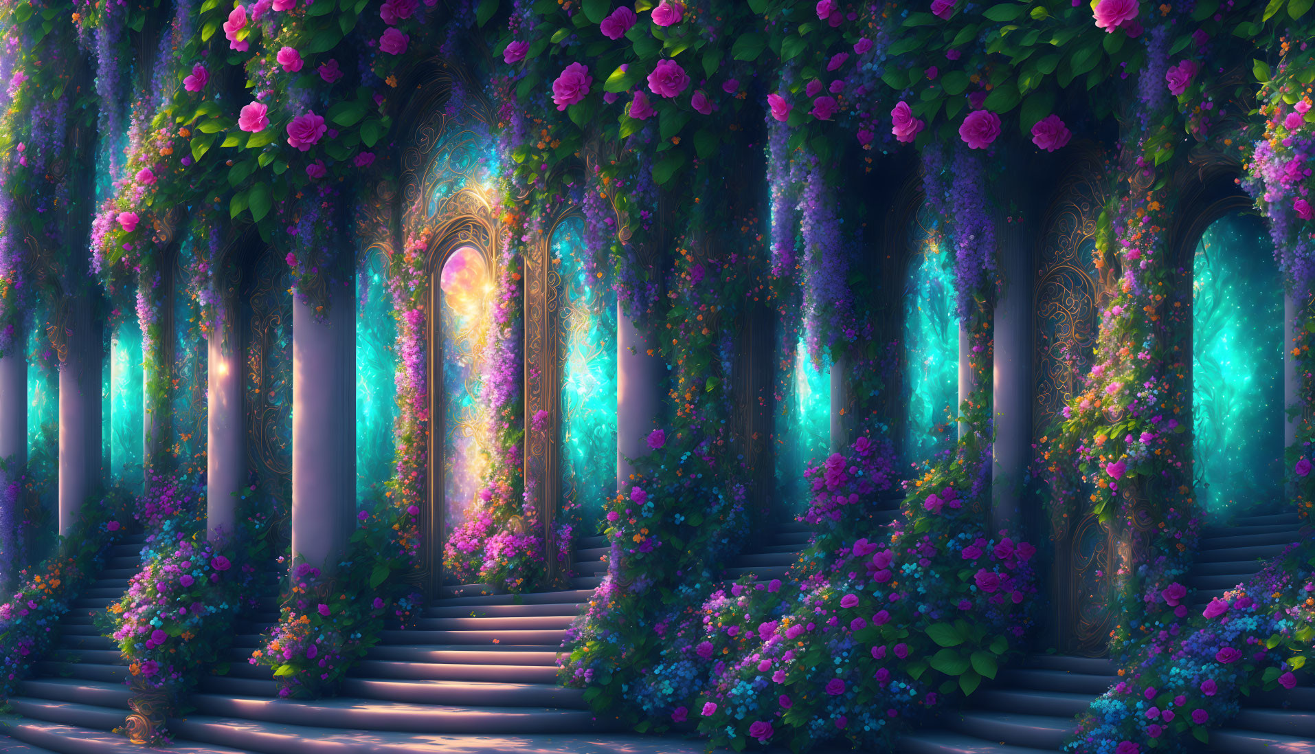 Enchanting forest with blooming flowers and mystical glow