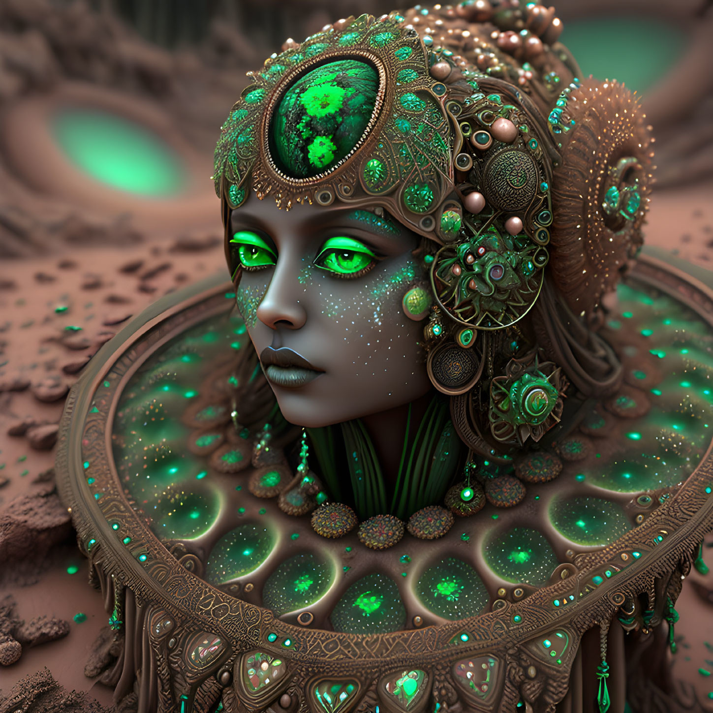 Digital artwork: Female figure with green glowing eyes and bronze jewelry in otherworldly landscape