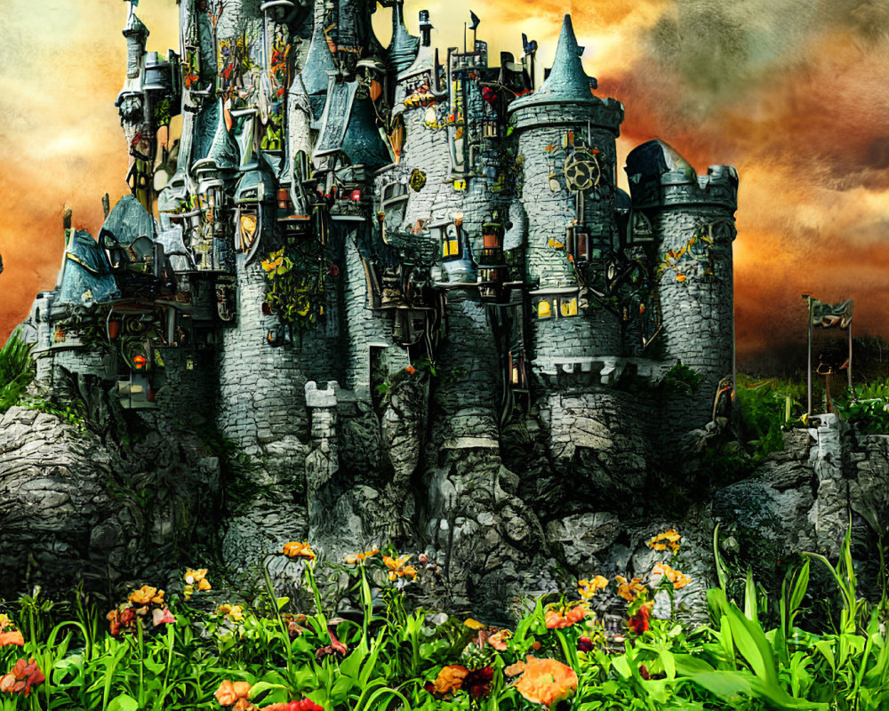 Castle with multiple towers on craggy cliff, surrounded by greenery and colorful flowers under dramatic sky