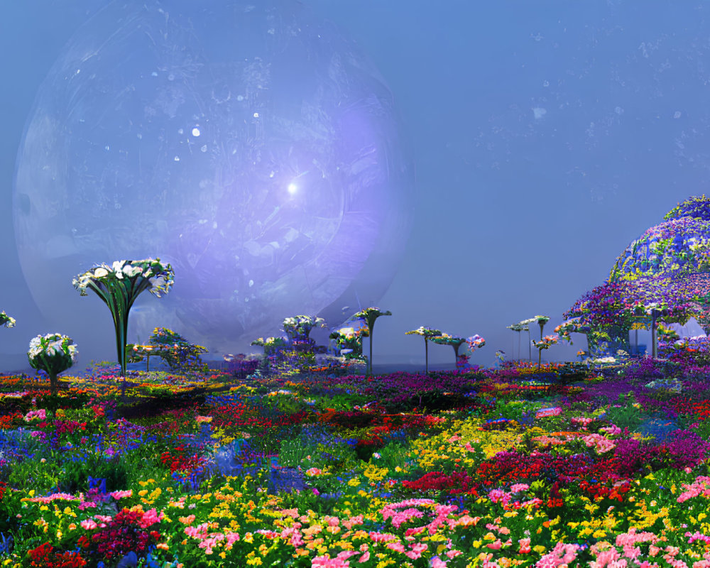 Colorful Flower Field and Whimsical Structures Under Translucent Sky