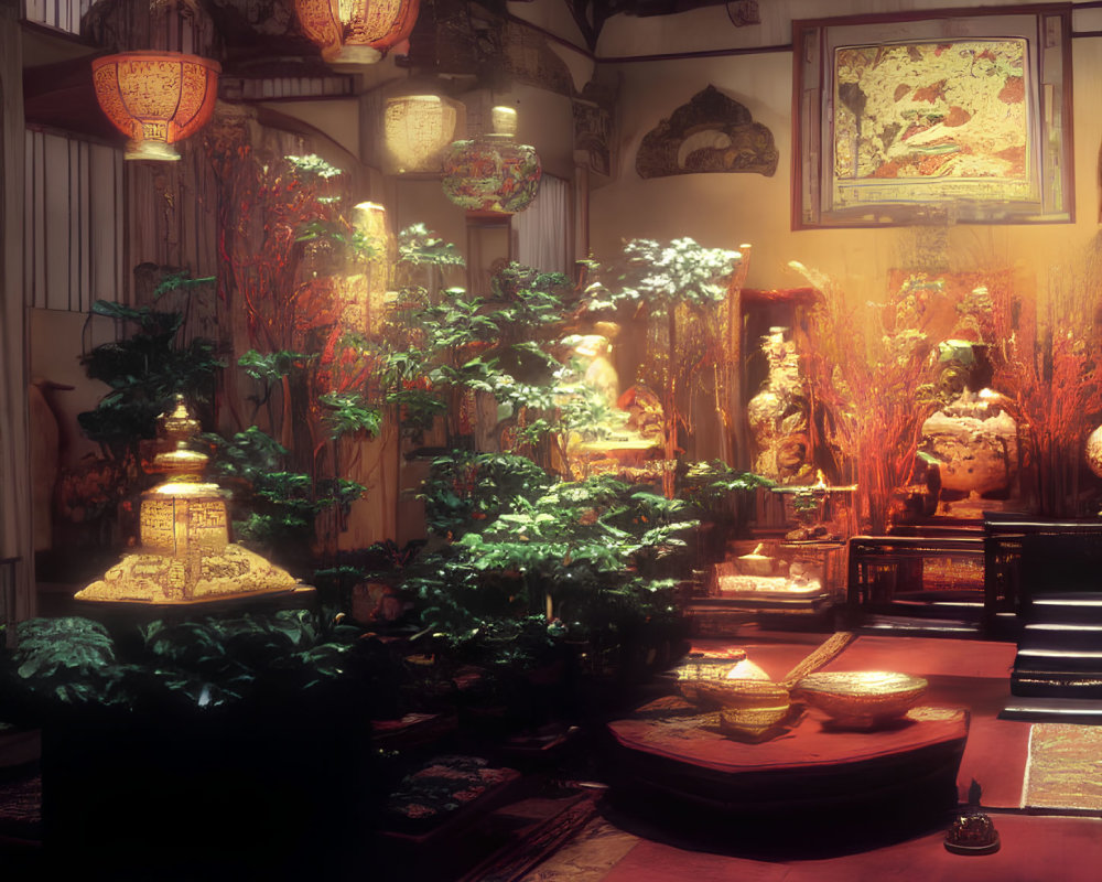 Traditional Asian Interior with Hanging Lanterns, Vases, Plants, and Floor Cushions