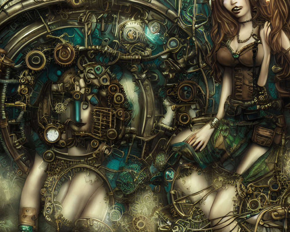 Steampunk Artwork: Woman with Mechanical Elements in Clockwork Background