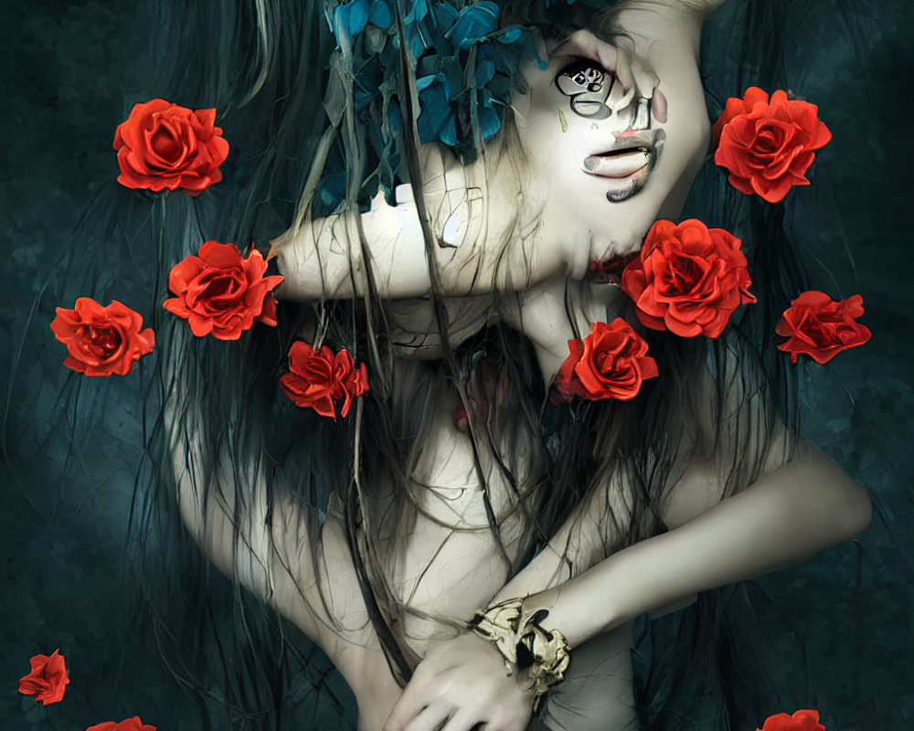 Surreal portrait of person with long hair obscured by blue leaves and red roses